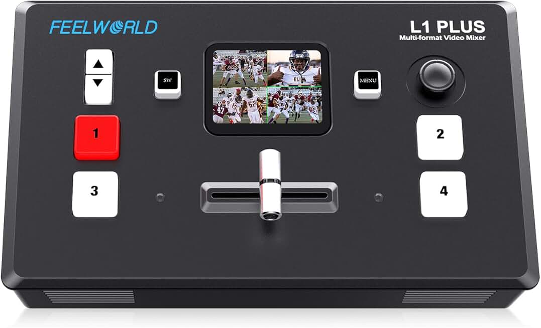 FEELWORLD L1 Plus Multi Camera Video Mixer Switcher with PTZ Controller Chroma Key 4 HDMI Inputs USB3.0 Output Format 2 inch Touch Screen Real Time Production Live Streaming
