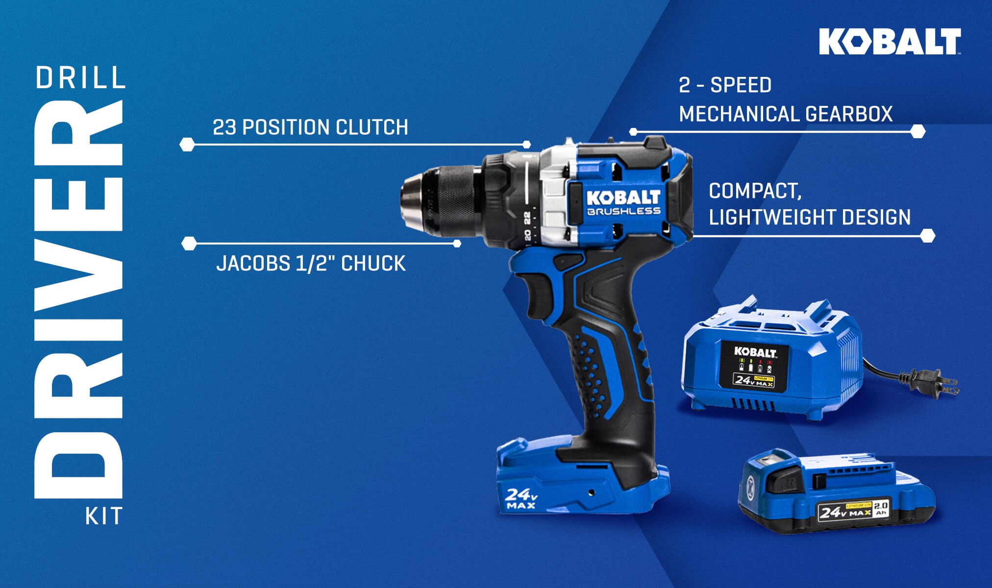 Kobalt Next-Gen 24-volt 1/2-in Metal Ratcheting Brushless Cordless Drill (1-Battery Included, Charger Included and Soft Bag included)