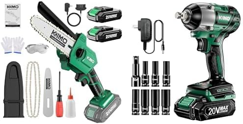 KIMO Mini Chainsaw 6 Inch Cordless, Portable Electric Chainsaw Battery Powered+Cordless Impact Wrench 1/2 Inch, Impact Wrench Kit w/Premium Brake Stop, 7 Sockets