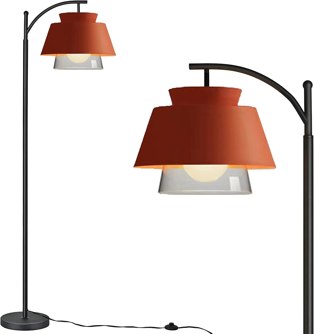 Nordic Arc Floor Lamp for Living Room, Modern Standing Lamp Silver Floor Lamp with Clear Glass Shade, Metal Tall Pole Lamp for Bedroom Study Room, E26 Base(Bulb Included) (Orange)