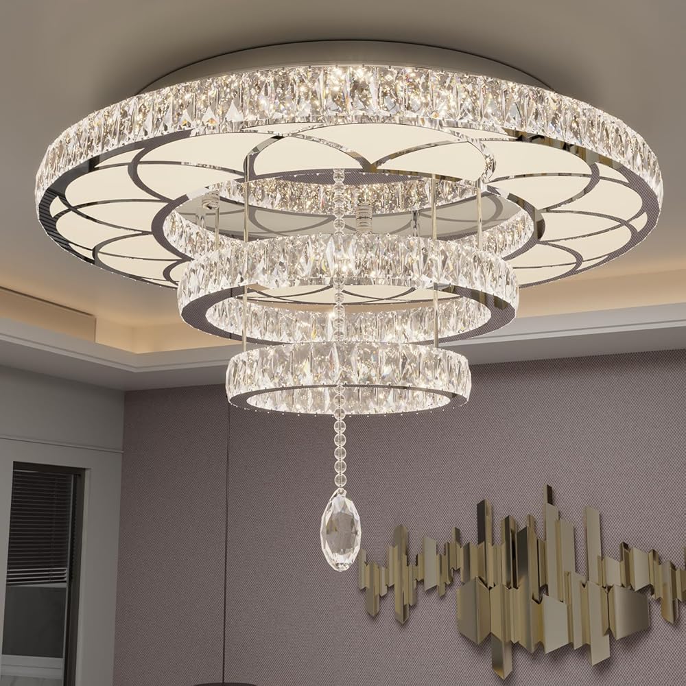 W24'' Modern Bedroom Crystal Chandeliers Living Room Ceiling Lighting Chandeliers Dining Room Pendant light Bedroom Lamp 3Ring Large Fixtures Dimmable LED 2700k 4500k 6000k