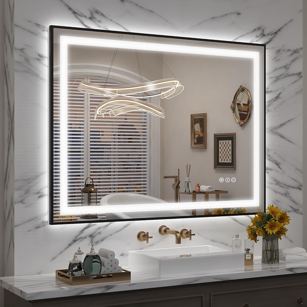 OKPAL 40x32 LED Bathroom Mirror with Lights, Lighted Mirrors for Bathroom Wall, Black Frame Lighted Vanity Mirror, Front and Backlit, Dimmable, Anti-Fog, Memory, Horizontal/Vertical