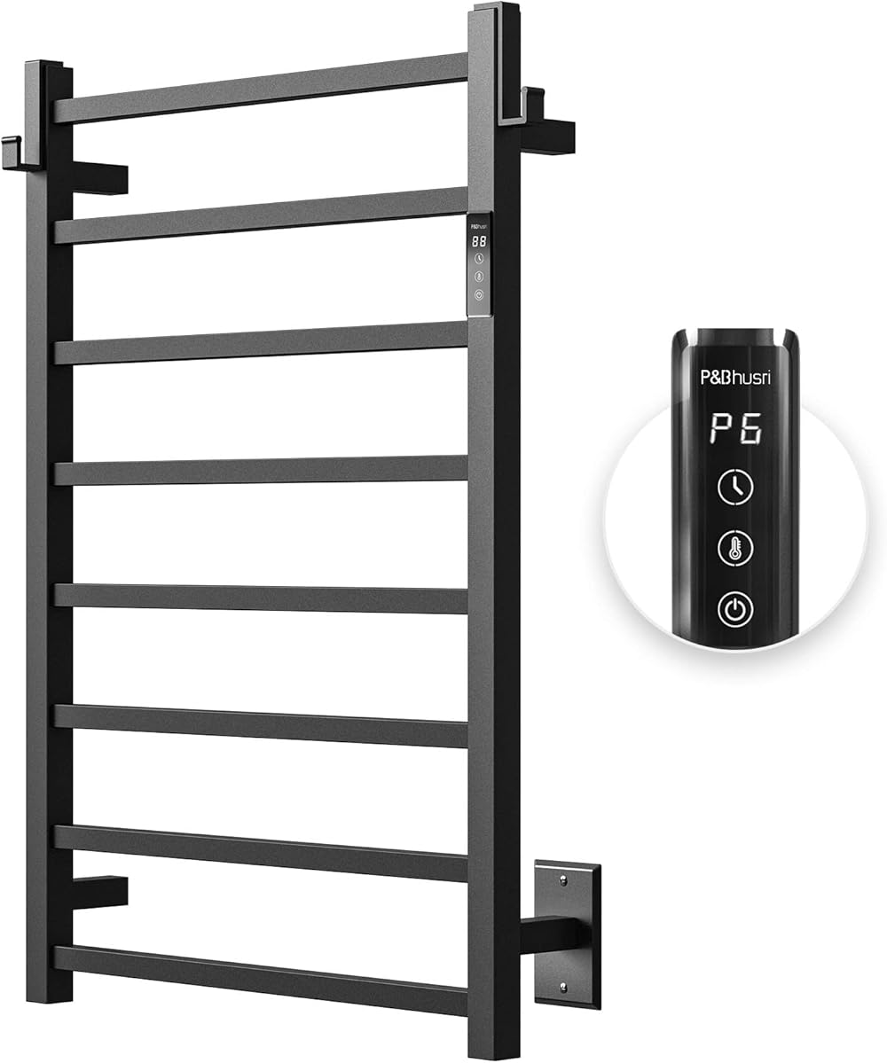 P&Bhursri Heated Towel Rack, 8-Bar Towel Warmer Rack for Bathroom, Wall Mounted Towel Warmer, Electric Towel Drying Rack with Timer, Stainless Steel Matte Black, Plug-in/Hard-Wired
