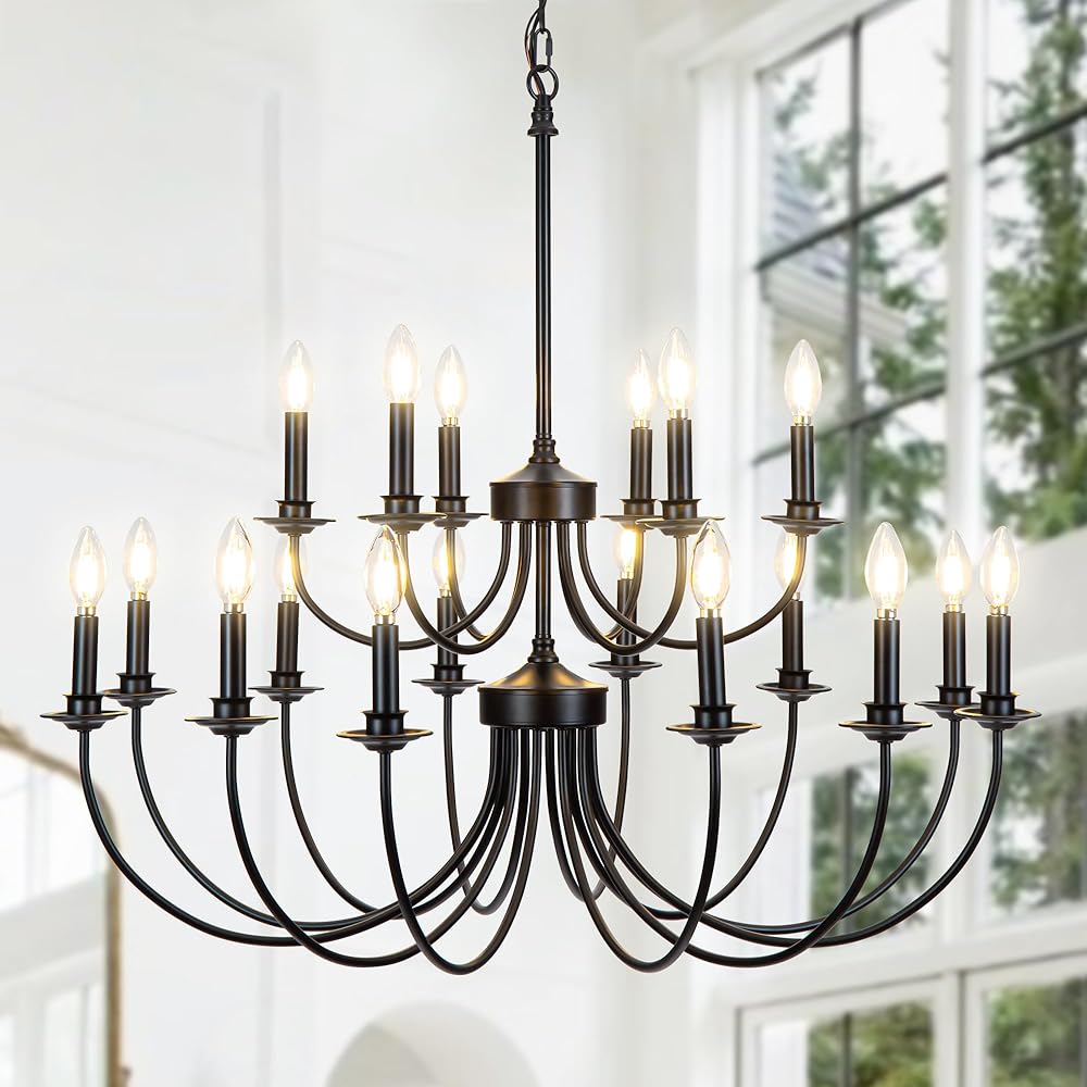 18-Light 2-Tier Black Farmhouse Vintage Chandelier, Retro Farmhouse Country Style Industrial Large Round Pendant Light Fixture