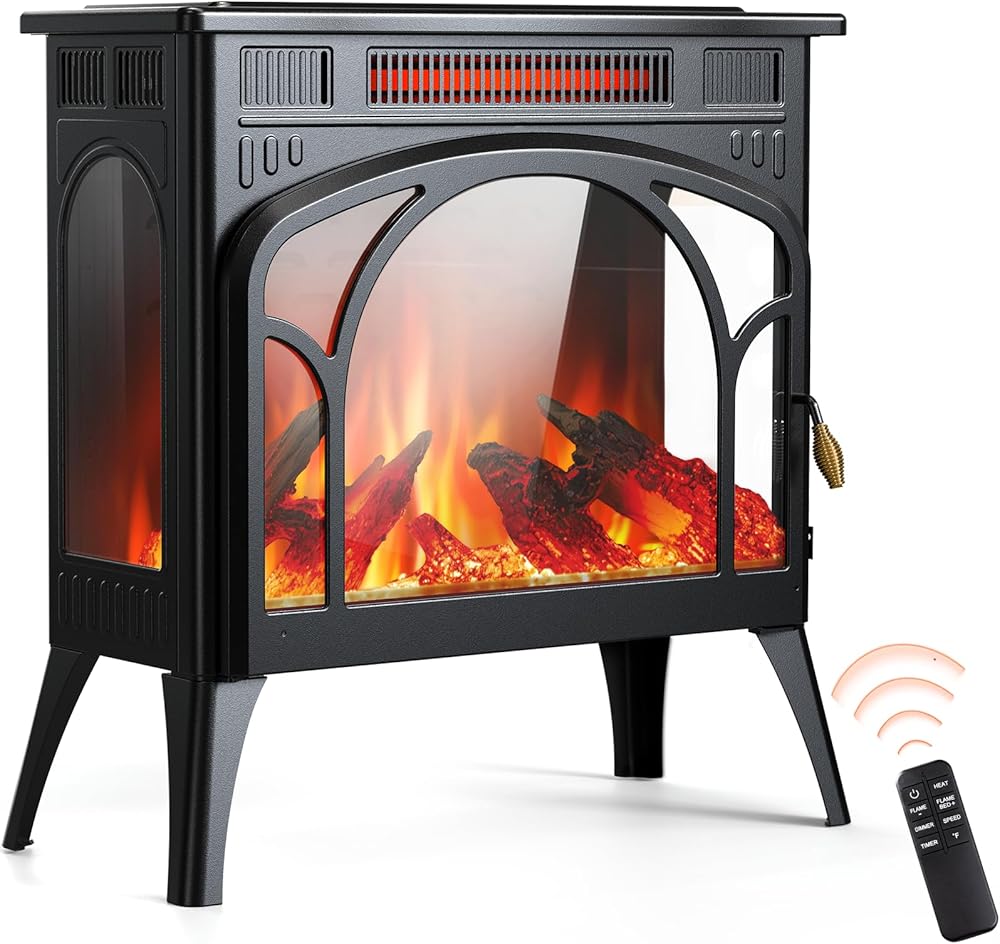 Rintuf Electric Fireplace Heater, 1500W Infrared Fireplace Stove Heater with 3D Flame Effect, 8H Timer, Space Heater Fireplace with Remote, Safety Protection, Freestanding for Indoor Use Large Room