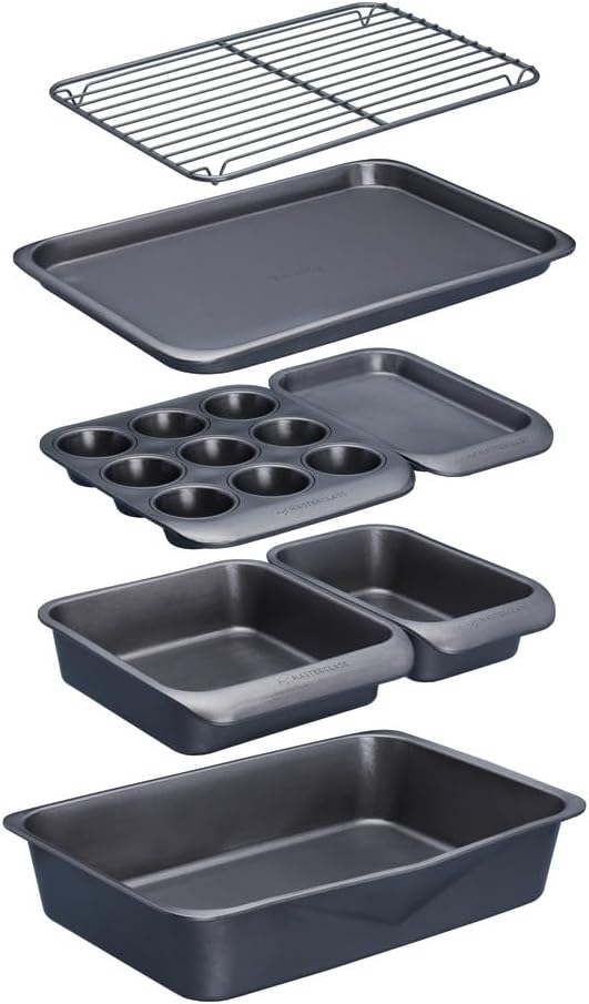 Seven-first KitchenCraft Smart Space Non Stick Carbon Steel Stackable Bakeware Including Roasting Tin, Baking Muffin Tray, 7 Piece Set, 41 x 31 x 10.5 cm, Gray