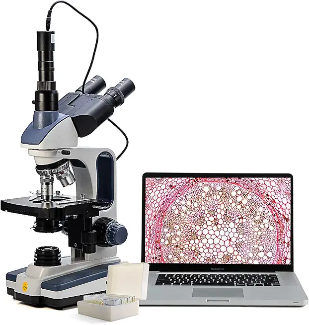 Swift SW350T Compound Trinocular Microscope,40X-2500X Magnification,Two-Layer Mechanical Stage,with 5.0 mp Camera and Software Windows/Mac Compatible and 5 PCS Prepared Slides and 5 PCS Blank Slides