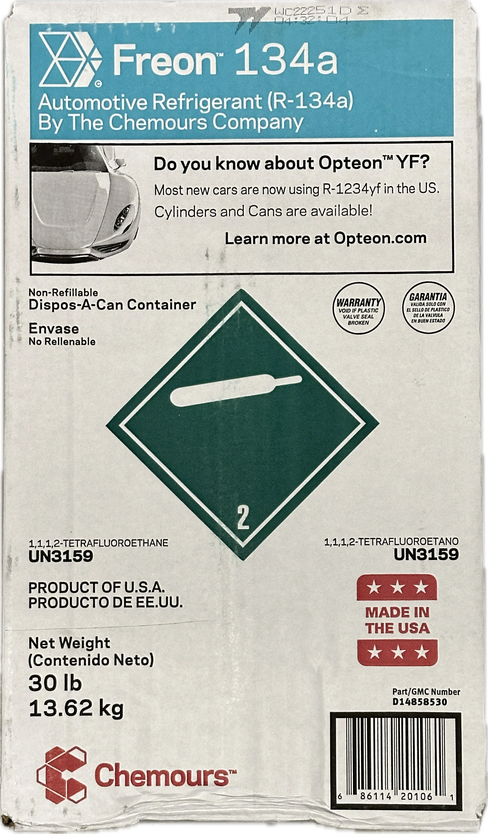 R-134A Refrigerants 30lb Chemours for MVAC MADE IN USA