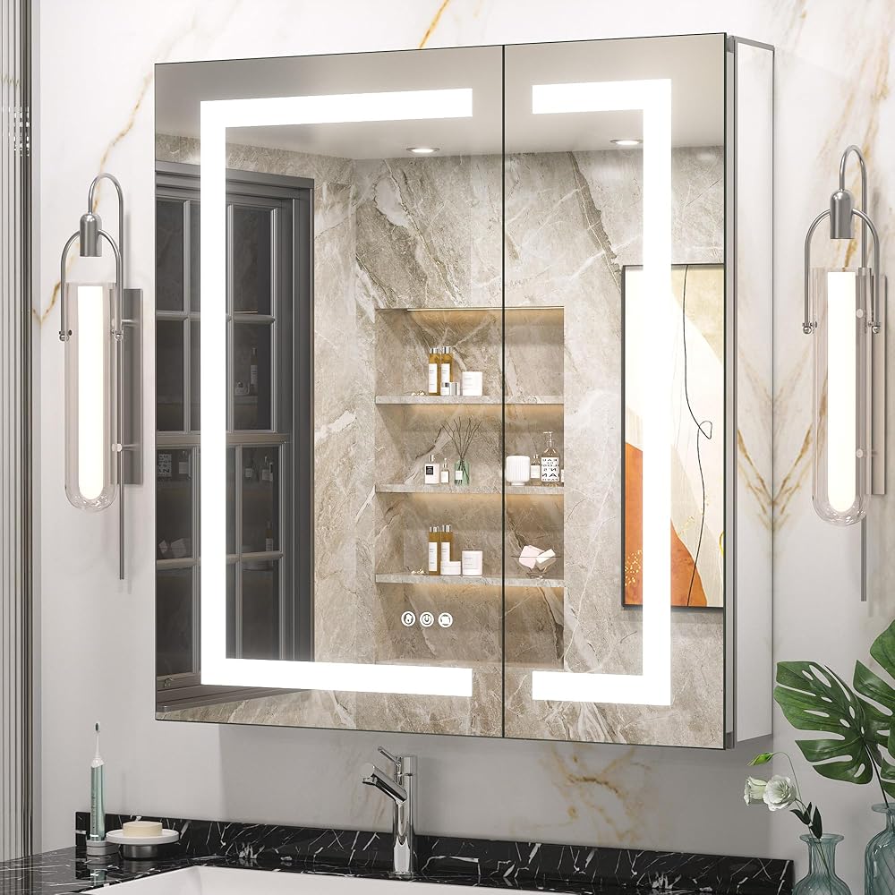 Keonjinn 30 x 32 Inch LED Medicine Cabinet Mirror for Bathroom with Electrical Outlet Recessed Wall Mount Dimmable Defogging 3 Color Front Lighted Vanity Makeup Mirror for Bathroom Storage