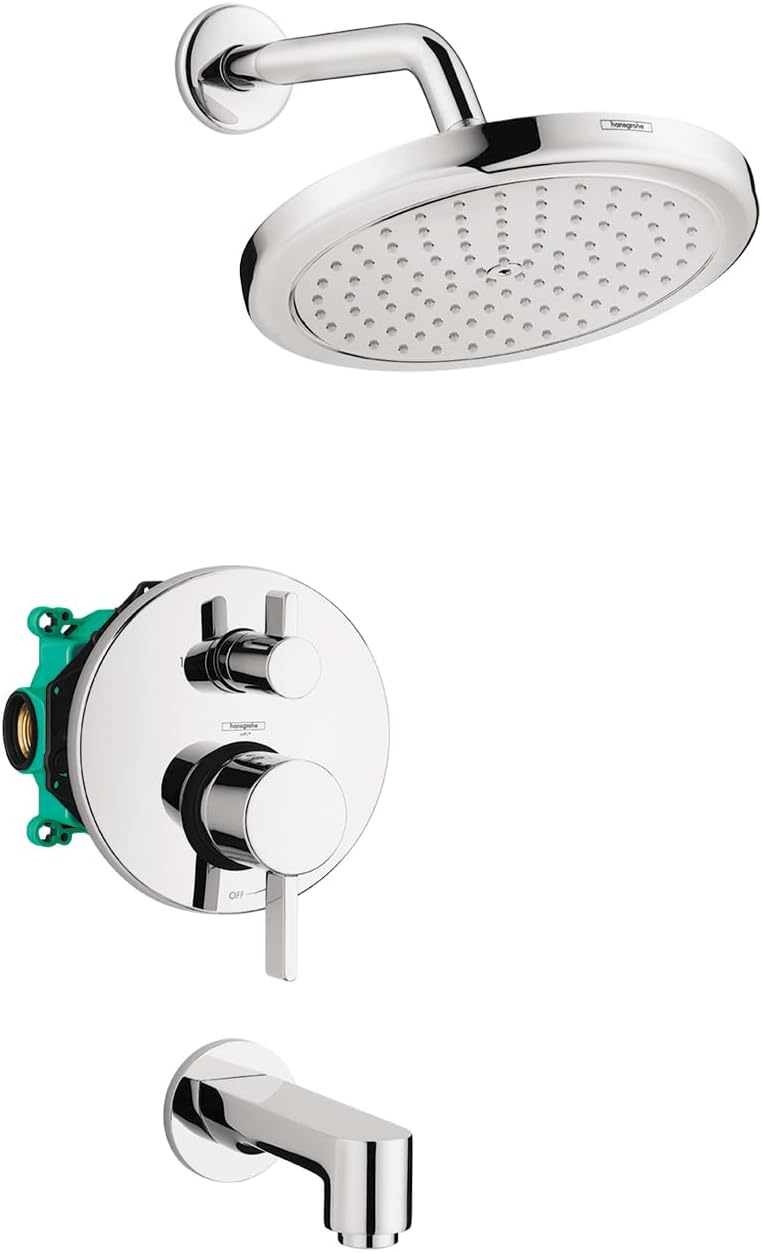 hansgrohe Croma Complete Shower and Bathtub System Shower Set Modern 1-Spray Easy Control in Chrome, Rough and Shower Valve Included 2 GPM, 04908000