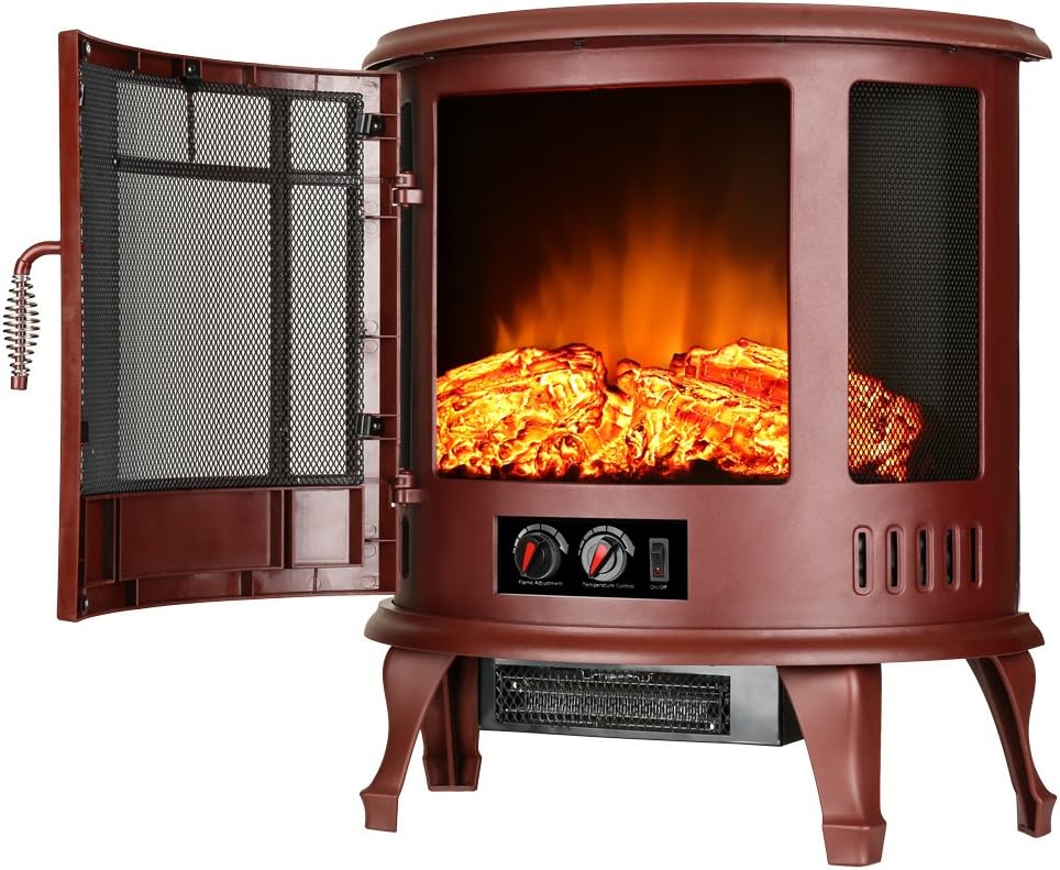 Regal Freestanding Electric Fireplace Stove - 3-D Log and Fire Effect (Red)
