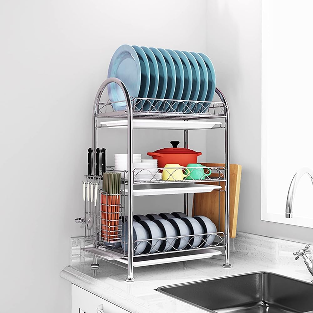 3-Tier Dish Drying Racks,304 Stainless Steel Dish Drainer,Dish Drainer Rack with Drip Tray and Utensils Holder,Kitchen Storage Shelf,Kitchen Countertop Supplies Storage for Plates Bowls Pots