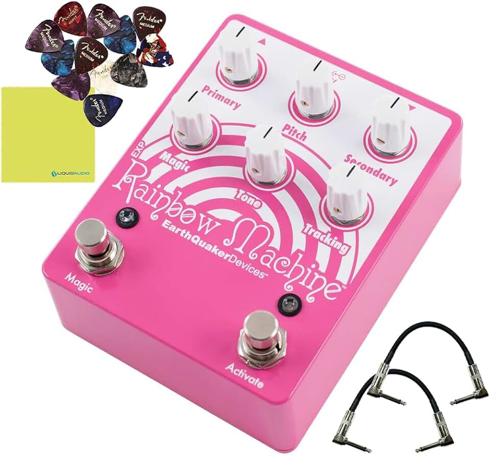 EarthQuaker Devices Rainbow Machine® Polyphonic Pitch Mesmerizer Bundle w/2x Strukture S6P48 Woven Right Angle Patch Cables, 12x Guitar Picks and Liquid Audio Polishing Cloth