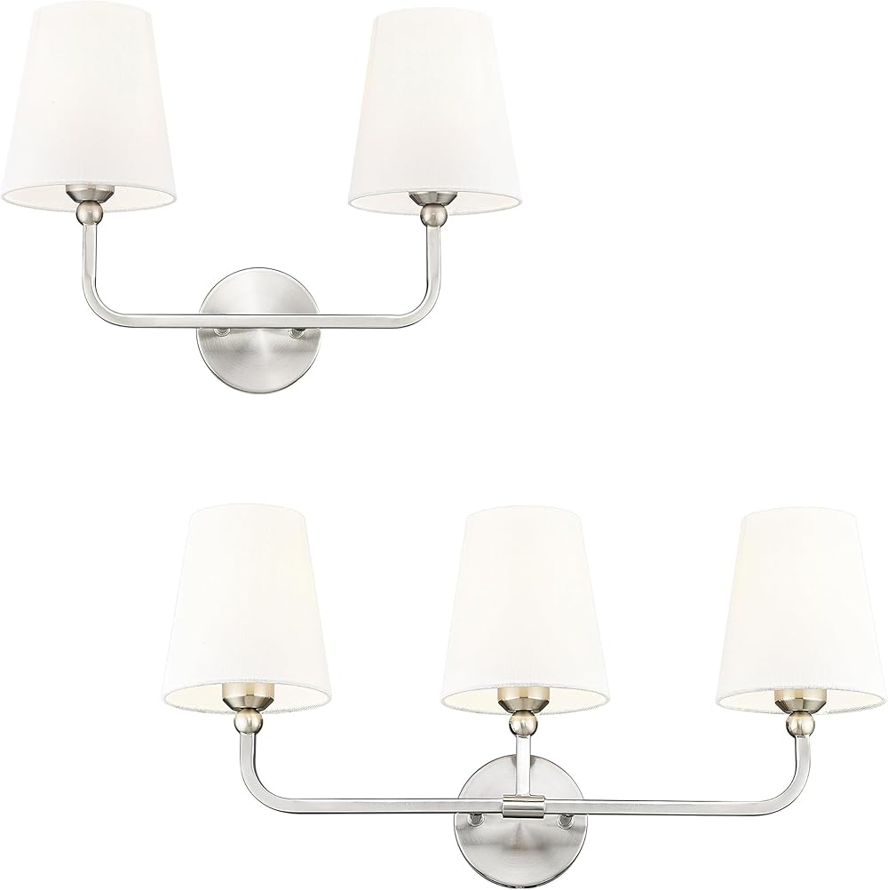 2-Light and 3-Light Bathroom Light Fixtures, Modern Sconces Wall Lighting, Brushed Nickel Vanity Lights with Flared White Fabric Shade, VL-837