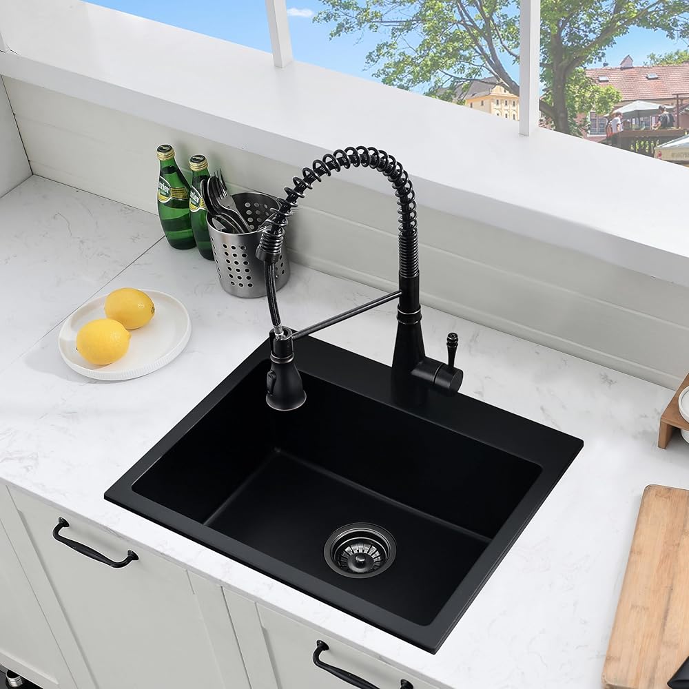 22 Inch Drop In Bar Sink -HLBLFY 22x18 Topmount Bar Sink Drop-in Kitchen Sink Small Black Quartz Sink 9 Inch Deep Granite Single Bowl Kitchen Sink