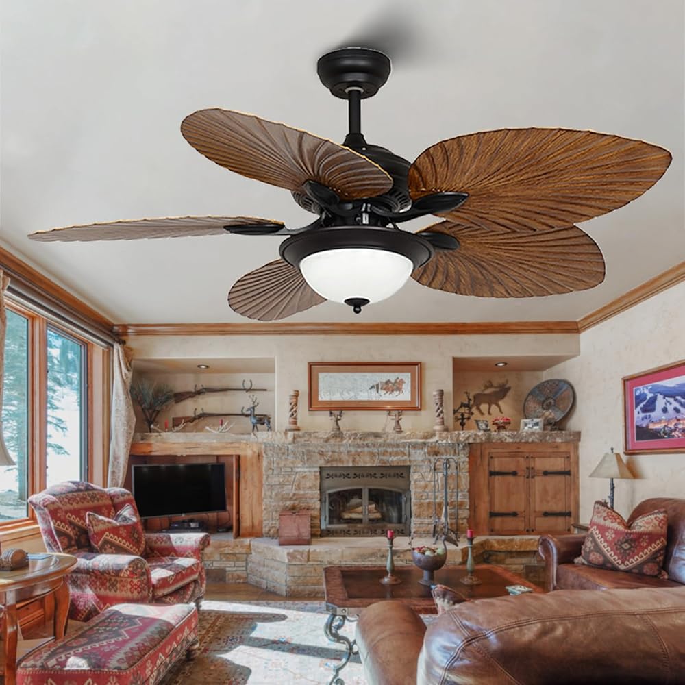 Tropical Ceiling Fans with lights and Remote,52 Inch Palm Leaf Chandelier Fan,Farmhouse for Indoom/Outdoor/Bedroom/Kitchen