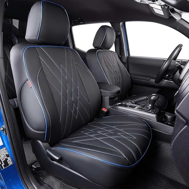 EKR Custom Fit Tacoma Car Seat Covers for Select Toyota Tacoma 2024 2025 Double cab SR,SR5,TRD Sport,TRD Off-Road,Limited -Full Set,Leather (Black with Blue Trim)