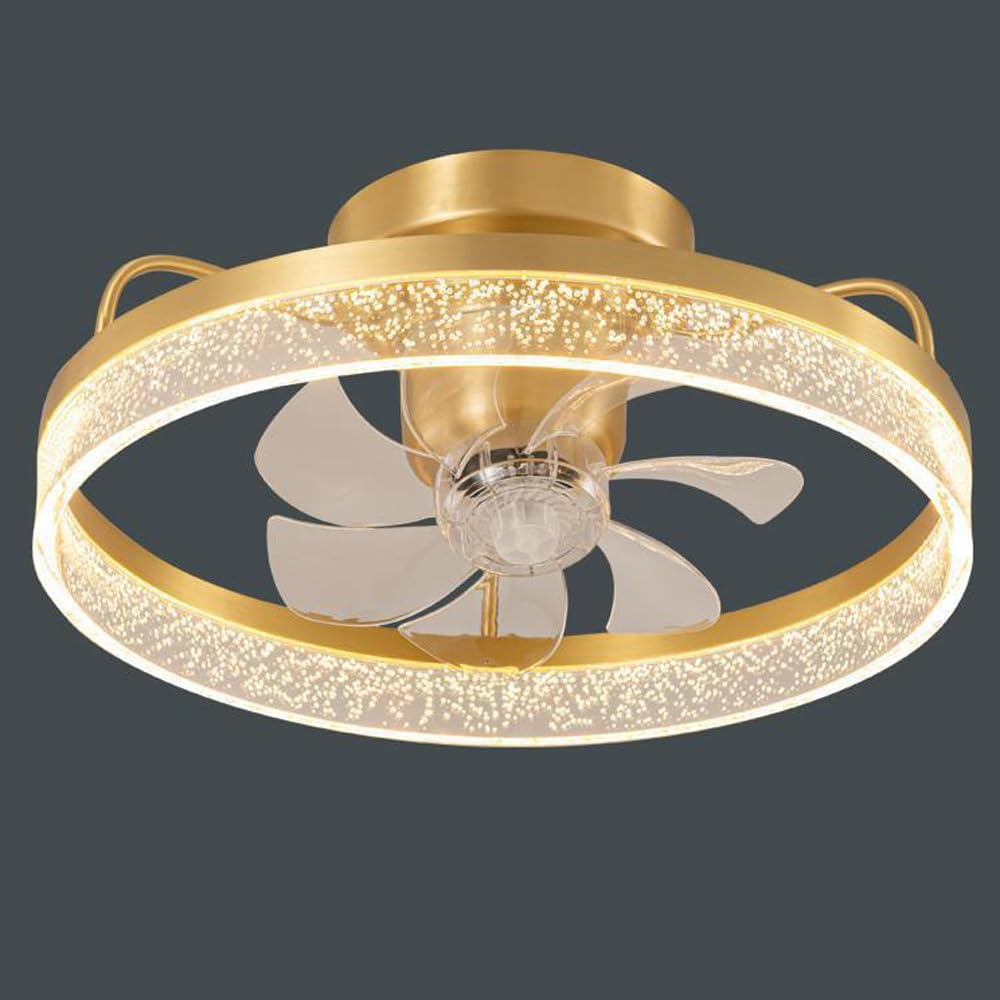 Antique Brass Ceiling Fan with Light Flush Mount Mid Century Modern Black Low Profile Ceiling Fan Light with Remote Control LED Ceiling Light Fan for Farmhouse Kitchen Living Room Bathroom