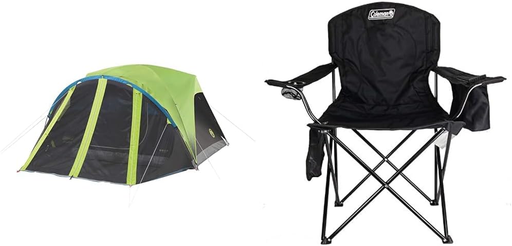 Coleman Carlsbad Dark Room Camping Tent with Screened Porch, 4/6 Person Tent Blocks & Camp Chair with 4-Can Cooler | Folding Beach Chair with Built in Drinks Cooler | Portable Quad Chair