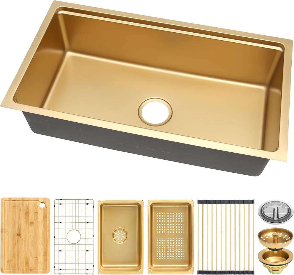 Gold Undermount Kitchen Sink 32×18 Inch, Stainless Steel Workstation Kitchen Sink, Single Bowl Kitchen Sinks with Kitchen Sink Strainer