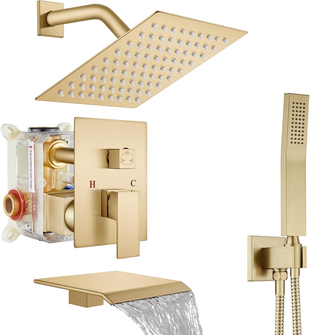 Midanya Rain Shower System Tub Shower Faucet Set Square Rainfall Shower Head with Handheld Sprayer and Waterfall Tub Spout Rough-in Valve Shower Mixer Combo,8 Inch Brushed Gold