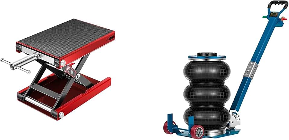 VIVOHOME Steel Motorcycle ATV Wide Deck Scissor Lift Jack Crank Hoist Stand 1100 lbs with SPECSTAR 3 Ton Air Bag Jack with Wheels, 6600lbs Pneumatic Car Jack Blue