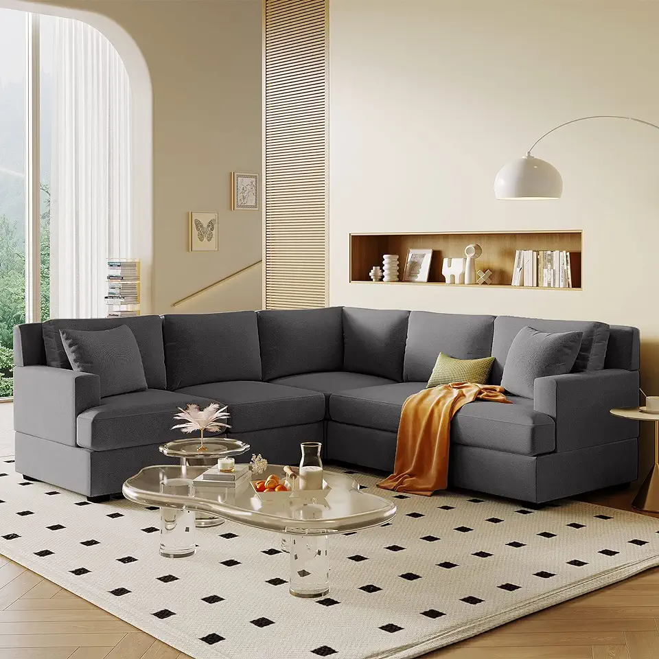 L-Shape Modular Sectional Sofa, Oversized Modern Comforty Polyester 4-Seat Couch with 2 Tossing Cushions, Free Combination, Living Room Furniture Set for Office Apartment, D-Gray E