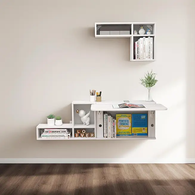 Pmnianhua Floating Desk with Moveable Cabinets,Wall Mounted Drop Leaf Table,Folding Wall Desk with Convertible Shelves,Multifunctional Laptop Workstation with Storage for Space Saving Small Space