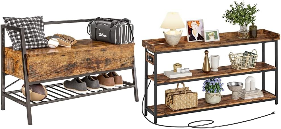 IRONCK Storage Bench with Shoe Rack and Console Table with Charging Station, Rustic Brown