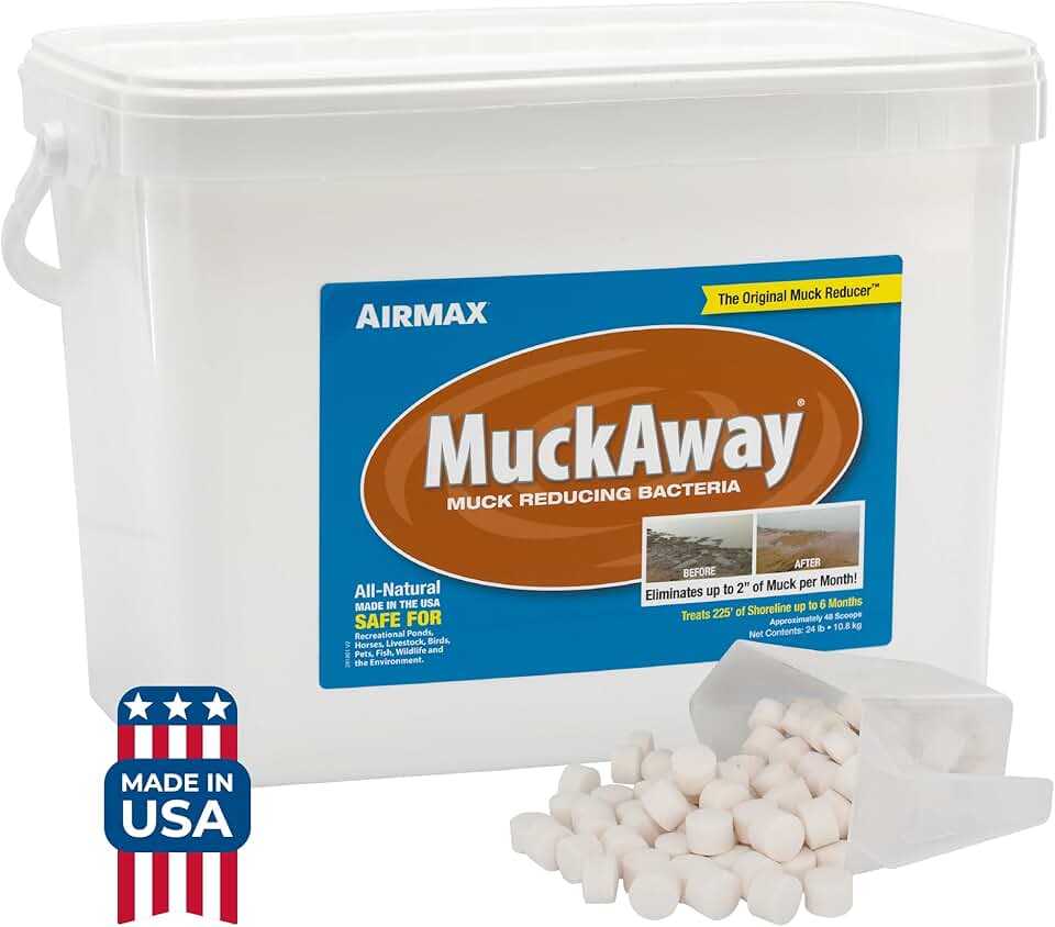 Airmax MuckAway Natural Beneficial Bacteria for Outdoor Ponds & Lakes, Muck, Sludge & Noxious Odor Solution, Easy to use Enzyme Tablets, Cleaner Beach & Shoreline, Fish, Pet & Wildlife Safe, 48 Scoops
