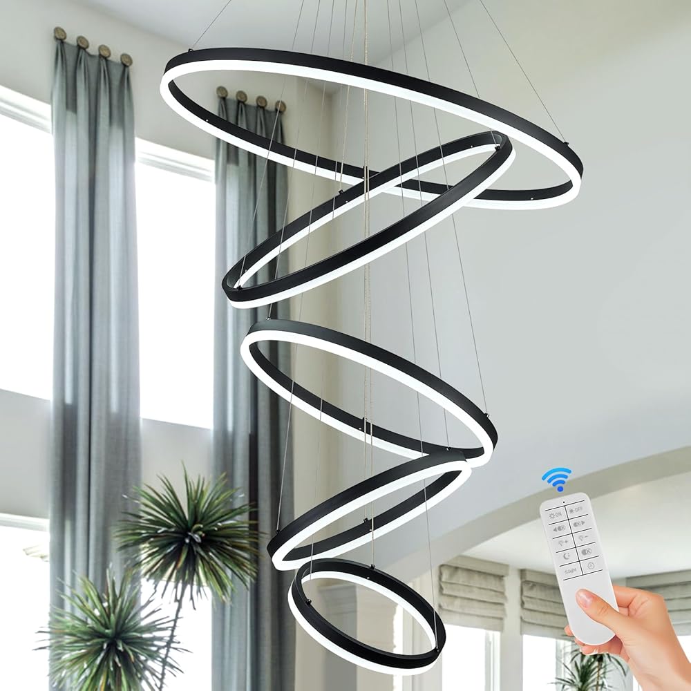 5 Rings D31.5 Modern LED Chandelier Black Large Dimmable LED Chandeliers with Remote Control Circular High Ceiling Chandeliers for Living Dining Room Staircase Foyer Villa, 3000K-6500K CCT