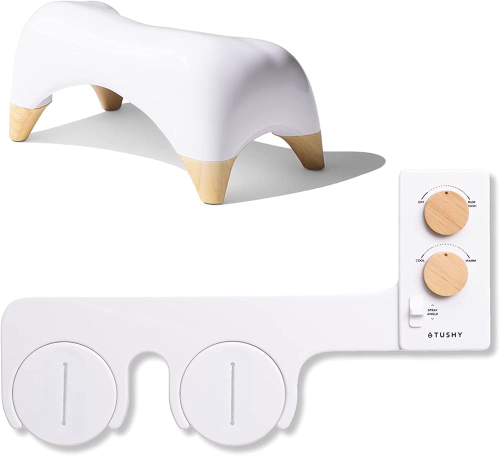 TUSHY Spa Bundle | Tushy 3.0 Warm Water Spa Bidet Attachment with Bamboo Knobs + Tushy Ottoman: Premium Toilet Stool for The Bathroom