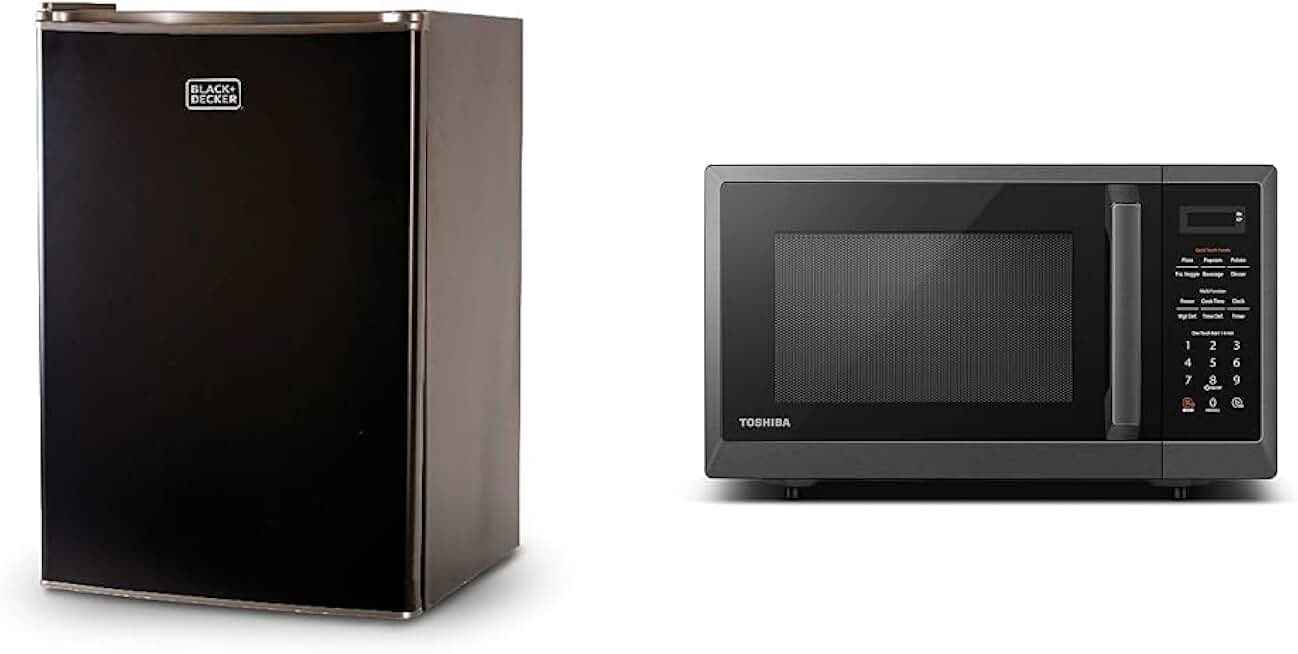 BLACK+DECKER BCRK25B Compact Refrigerator Energy Star Single Door Mini Fridge with Freezer, 2.5 Cubic Feet, Black & TOSHIBA ML2-EM09PA(BS) Small Countertop Microwave Oven With 6 Auto Menus