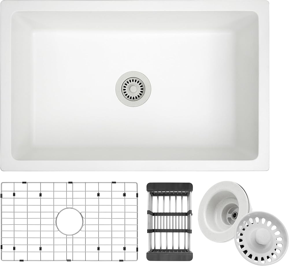 Undermount Kitchen Sink, 30 Inch White Kitchen Sink, Granite Composite Sink, Single Bowl Kitchen Sink, Kitchen Sink Undermount With Accessories