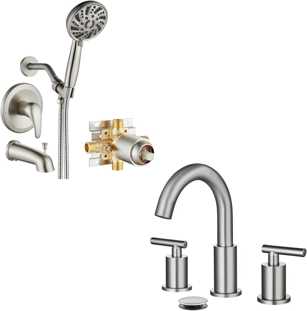 Bathroon Shower Head Kit High Pressure Combo System Shower Faucet 5 Modes ABS Handheld Spray Shower Trim Kit with 3 Hole 2 Handles Lavatory Basin Bathroom Sink Faucet