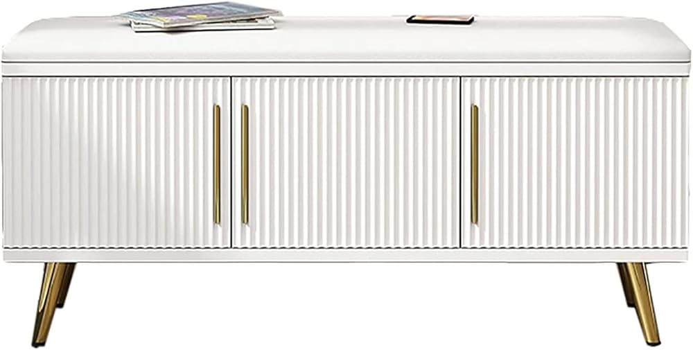 Shoe Storage Bench Entryway Hallway Furniture, Wooden Shoe Bench with Adjustable Partition Modern Shoe Stool Shoe Cabinet with Soft PU Seat, White, 90 x 33 x 48 cm