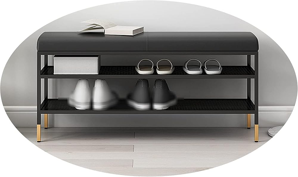 Shoe Storage Bench Entryway Hallway Furniture, Shoe Rack Bench Nordic Luxury Frame, Metal Shoe Rack, Shoe Changing Stool with Leather Cushion, Shoe Cabinet Storage Rack(Black,80 * 32 * 47cm)