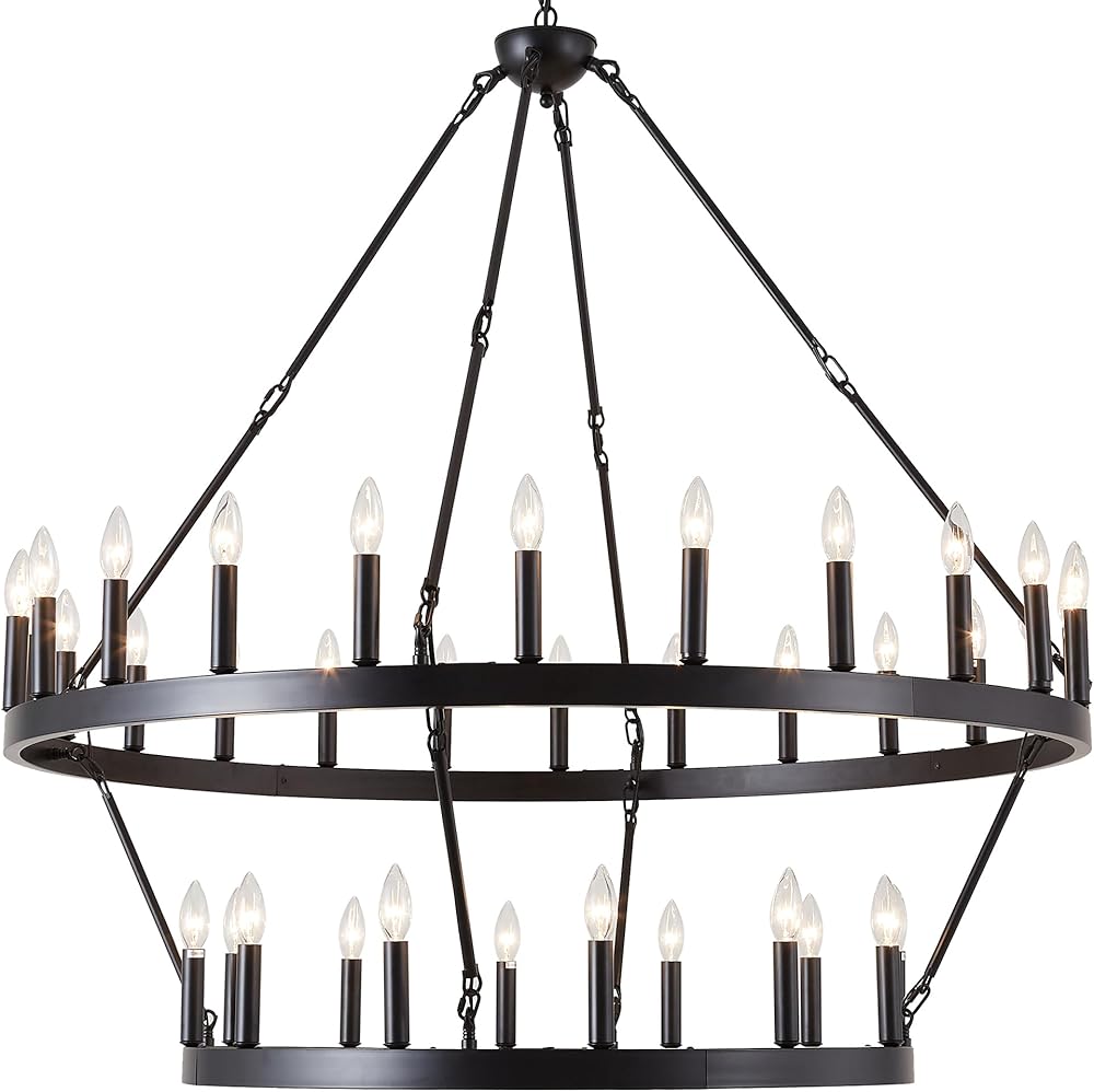 Black Wagon Wheel Chandelier Foyer Chandelier 2 Tier 36 Light Farmhouse Pendant Lighting Chandelier Light Fixtures Ceiling Hanging for Kitchen Dining Room Entryway