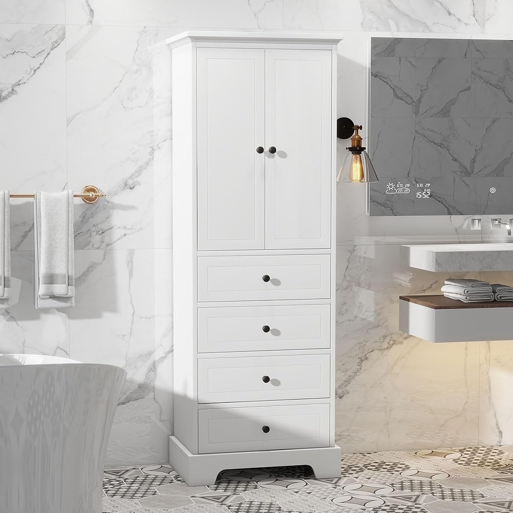 Merax Bathroom Cabinet with Doors and Drawers, Tall Storage Pantry for Home Kitchen, Adjustable Shelf, White