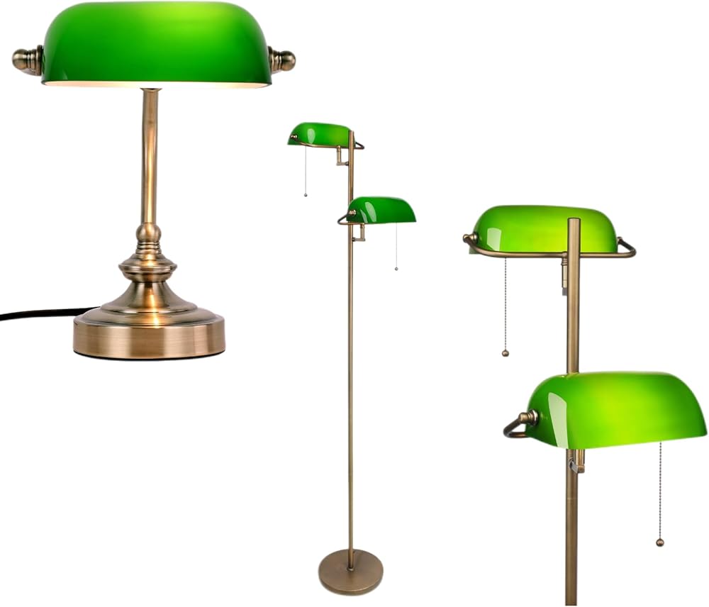 FIRVRE Glass Bankers Lamp Desk Lamp,Classic Retro Bronze Finish,Plug in Vintage Mini Table lamp,Bundle with Green Glass Bankers Floor Lamp Classic Vintage Standing Lamp
