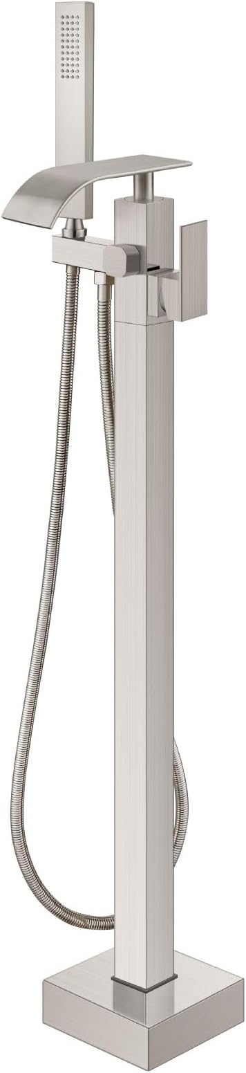 gotonovo Freestanding Tub Filler Floor Mount Bathtub Faucet with Single Handle Brass Tub Faucets with Handheld Shower,Waterfall Spout,Brushed Nickel