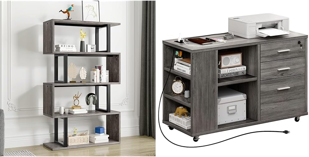 YITAHOME 5-Tier Bookshelf and File Cabinet with Charging Station, Mobile Storage Furniture for Home Office Organization
