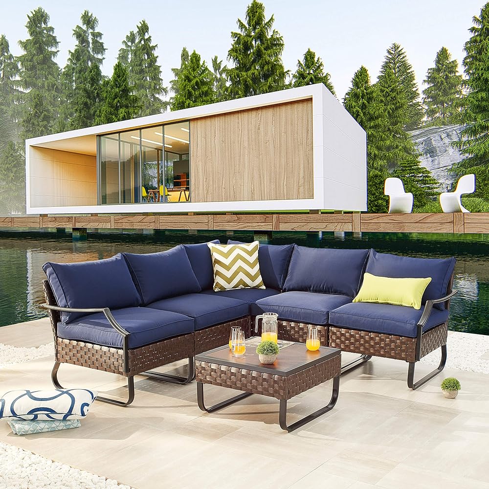 LOKATSE HOME Sectional Conversation Sofa 6 Pcs Outdoor Patio Rattan Furniture Set All-Weather Wicker Metal Frame Chairs with Cushion & Coffee Table, Blue
