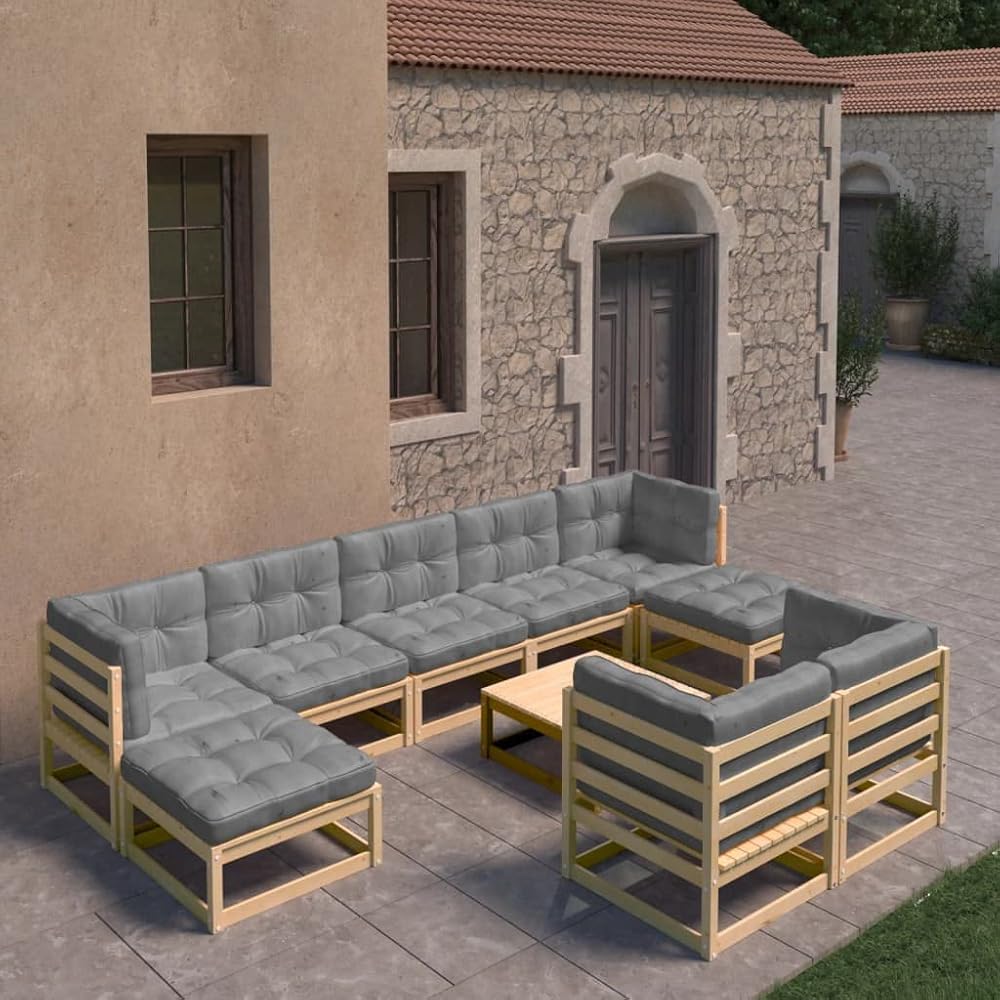 10 Piece Patio Lounge Set with Cushions,Outdoor Sectional Sofa Conversation Set,Coffee Table for Yard and Bistro,Perfect for Patio, Garden, Porch, or Front Yard Area, Solid Pinewood