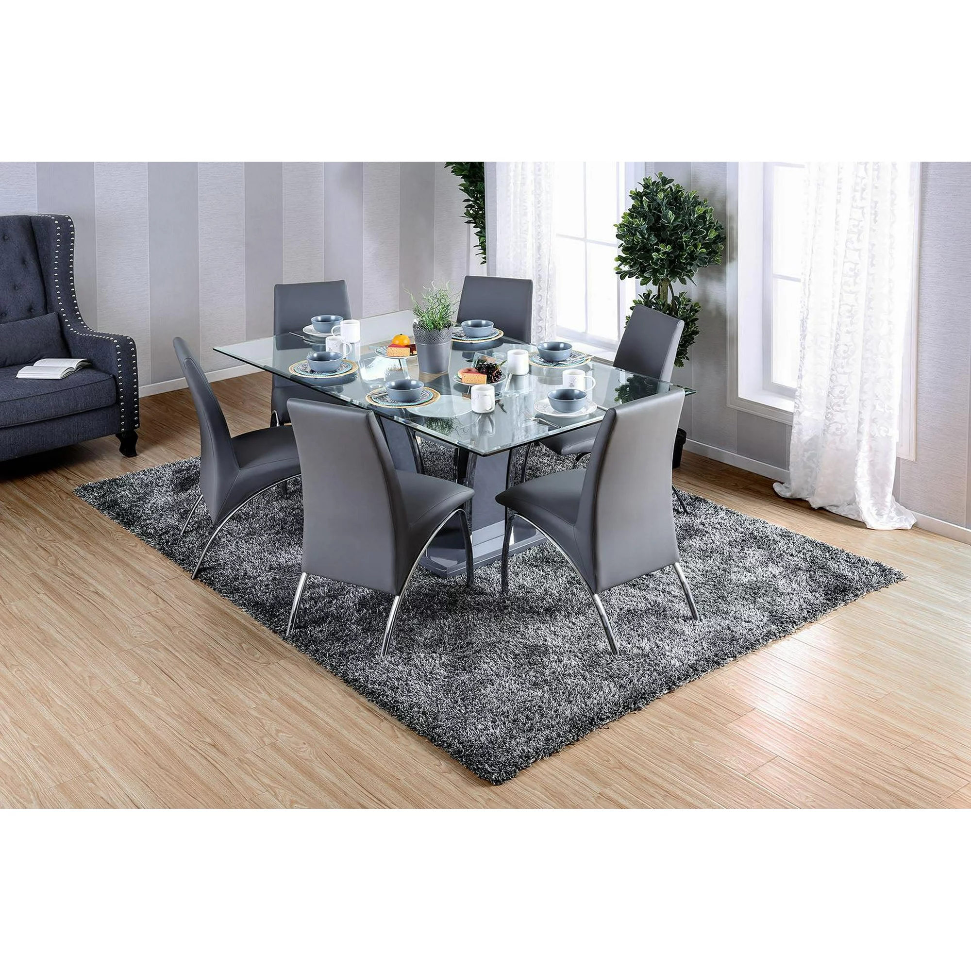 Contemporary Gray & Chrome Dining Room Set 7pcs FOA Glenview & Wailoa