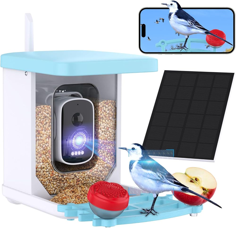 Smart Bird Feeder with Camera Solar Powered, 4MP AI Identify Wild Bird Watching Camera, Auto Capture Bird Videos & Motion Detection, DIY Add-ons & Hummingbird Feeder for Bird Watching Lover