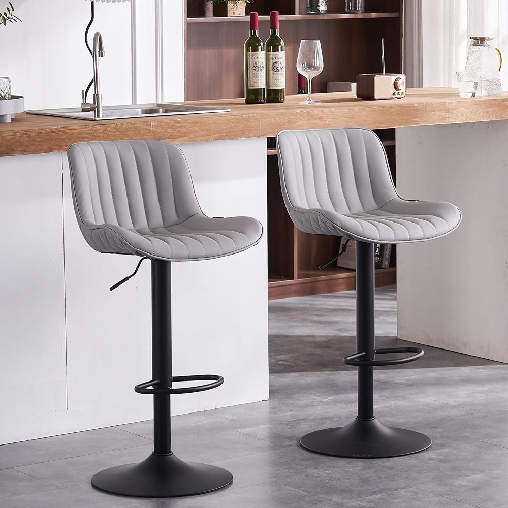YOUNIKE Bar Stools Set of 2 Grey Swivel Adjustable Barstools with Back Upholstered Modern Leather Counter Stools Armless Tall Chair for Kitchen Island
