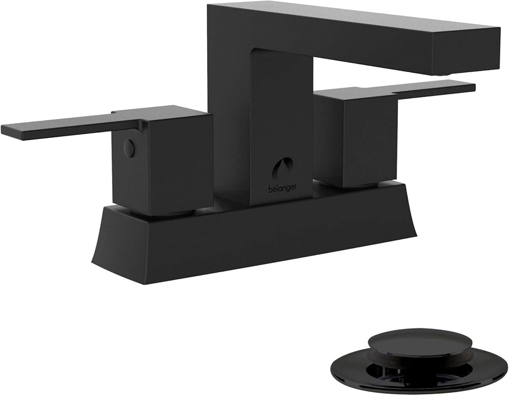Belanger QUA74CMB Two Handle Centerset Bathroom Sink Faucet with Drain Assembly, Matte Black