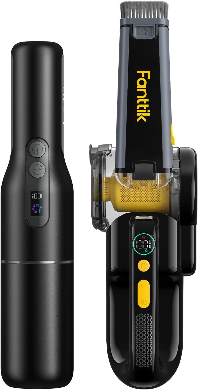 Fanttik 17000Pa Fold V10 Apex Pivot Car Vacuum (Deluxe with Flexible Hose&Pet Brush) Slim V7 Pocket Car Vacuum, 1 Lb
