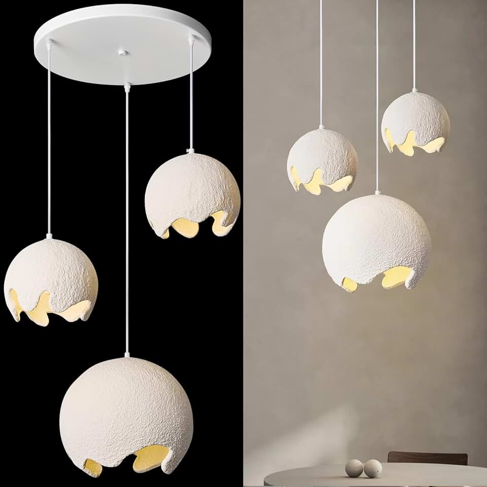 White Modern 3-Lights Pendant Light Concrete Chandelier for Dining Room Kitchen Island Light Hallway Restaurant Hanging Lamp E26 Base Lighting Fixture